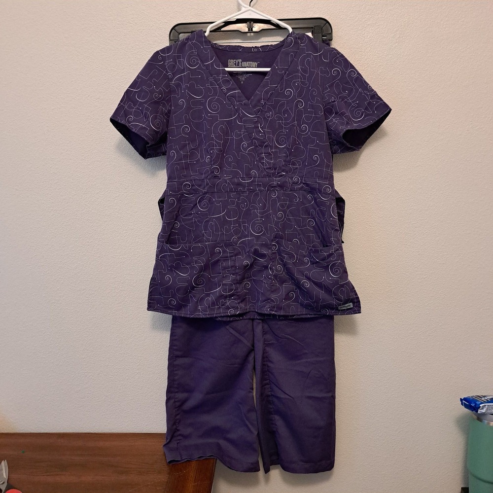 Greys Anatomy by Barco Women Purple Abstract Print Scrub Set Top and Pants Small